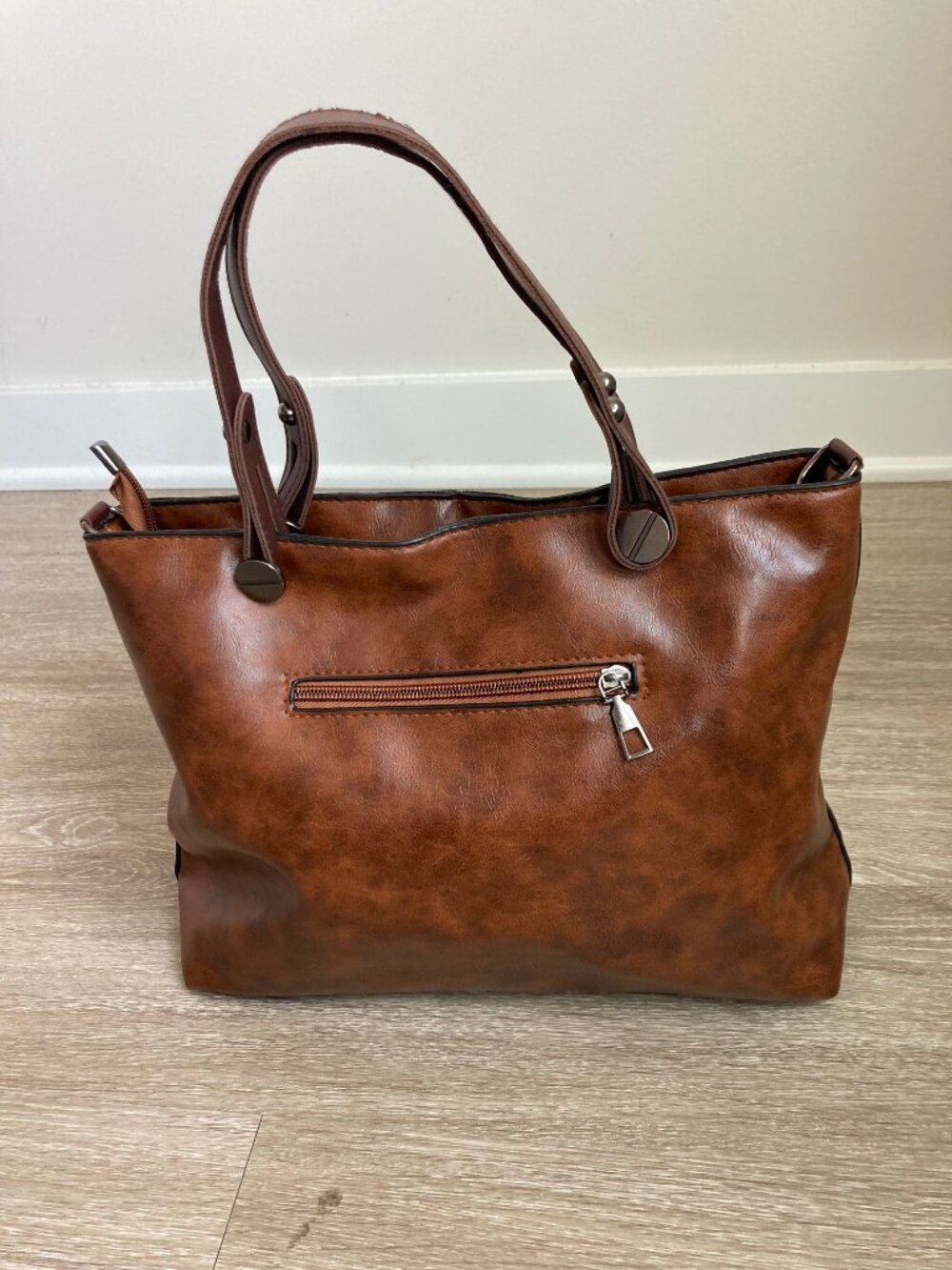 Brown Faux Leather Tote Shoulder Bag Zip Pocket